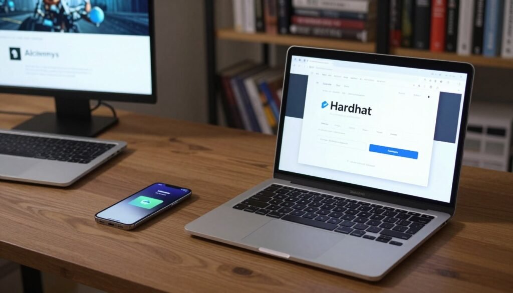 A highly detailed digital workspace featuring essential blockchain development tools spread across a sleek wooden desk. In the foreground, there's a laptop screen displaying the Remix IDE interface alongside an open browser showcasing the Hardhat homepage. Nearby, a smartphone with the MetaMask wallet open, glowing softly. Alchemy's platform is visible on another monitor behind the laptop. The background features blurred bookshelves filled with programming books. The lighting is soft and warm, creating a professional yet inviting atmosphere, accentuating the modern tech vibe. Capture the image from a slightly elevated angle to highlight all tools while ensuring clarity. The overall mood is innovative and focused, perfect for a tutorial on smart contract development.