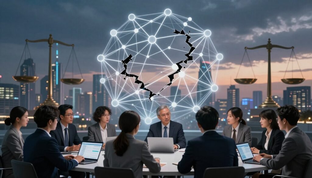 A metaphorical representation of governance challenges in decentralized networks, featuring a large, intricately designed blockchain with broken links in the chain, symbolizing disruption. In the foreground, a diverse group of professionals in business attire, representing various stakeholders, are engaged in intense discussion, some with laptops displaying data analytics. The middle ground shows distorted scales of justice, indicating imbalances in governance. In the background, a skyline of futuristic cities under moody twilight lighting, casting a sense of uncertainty and complexity. The atmosphere is tense yet vibrant, showcasing the nuanced struggles of decentralized governance. Use a wide-angle lens for an immersive effect, capturing both details and the expanse of challenges ahead.