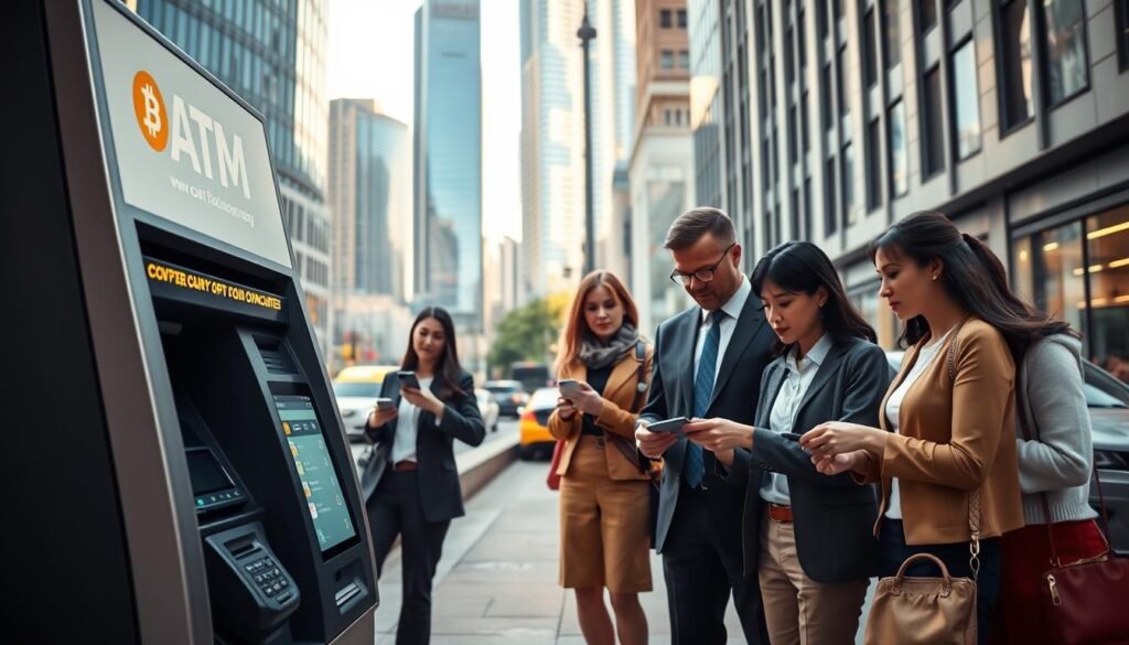 A modern bitcoin ATM situated in a well-lit, bustling urban environment. In the foreground, the ATM is sleek and high-tech, with a digital screen displaying cryptocurrency options and a card reader prominently featured. The middle ground showcases a diverse range of people, dressed in professional business attire and modest casual clothing, interacting with the ATM, analyzing their transactions with expressions of curiosity and focus. In the background, an urban cityscape with tall buildings and light traffic conveys a vibrant atmosphere. Soft, natural lighting enhances the scene, capturing the essence of a progressive financial hub. The image should evoke a sense of innovation and accessibility in the world of cryptocurrency transactions.