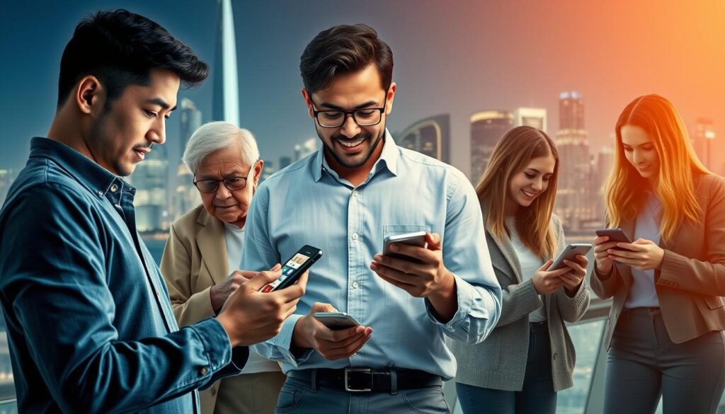 A modern collage illustrating the diverse experiences of users engaging with cryptocurrency mobile apps in 2026. In the foreground, depict a young professional in smart casual attire using a smartphone, analyzing a vibrant app interface showcasing various cryptocurrencies. In the middle, show a diverse group of users—an elderly person, a tech-savvy teenager, and a busy parent—all immersed in their devices, exchanging insights about the apps. The background features a sleek, futuristic city skyline, symbolizing innovation and connectivity, with soft, ambient city lights. Utilize warm, inviting lighting to enhance a collaborative and engaging atmosphere, captured from a slightly elevated angle to provide depth and perspective.