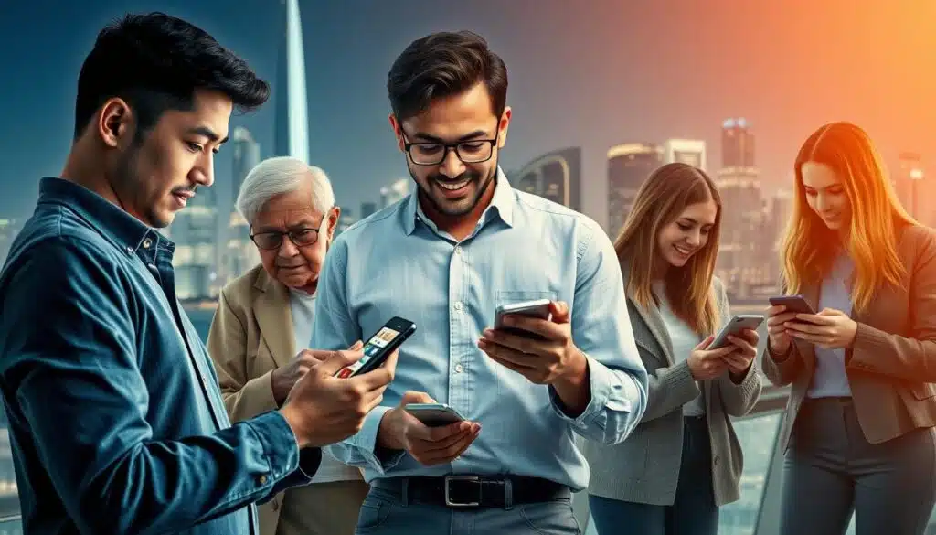 A modern collage illustrating the diverse experiences of users engaging with cryptocurrency mobile apps in 2026. In the foreground, depict a young professional in smart casual attire using a smartphone, analyzing a vibrant app interface showcasing various cryptocurrencies. In the middle, show a diverse group of users—an elderly person, a tech-savvy teenager, and a busy parent—all immersed in their devices, exchanging insights about the apps. The background features a sleek, futuristic city skyline, symbolizing innovation and connectivity, with soft, ambient city lights. Utilize warm, inviting lighting to enhance a collaborative and engaging atmosphere, captured from a slightly elevated angle to provide depth and perspective.