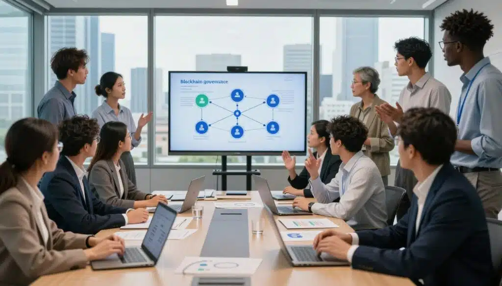 A modern conference room filled with diverse professionals engaged in a collaborative brainstorming session, analyzing blockchain governance models. In the foreground, a table laden with digital devices, charts, and a large blockchain diagram displayed on a screen. In the middle, individuals from various ethnic backgrounds, dressed in professional business attire, share ideas and debate passionately, with gestures emphasizing their points. In the background, large windows reveal a futuristic city skyline, symbolizing technological advancement and progress. Soft, natural light floods the room, creating an inviting atmosphere of innovation and teamwork. The overall mood conveys trust, collaboration, and the transformative potential of blockchain governance.