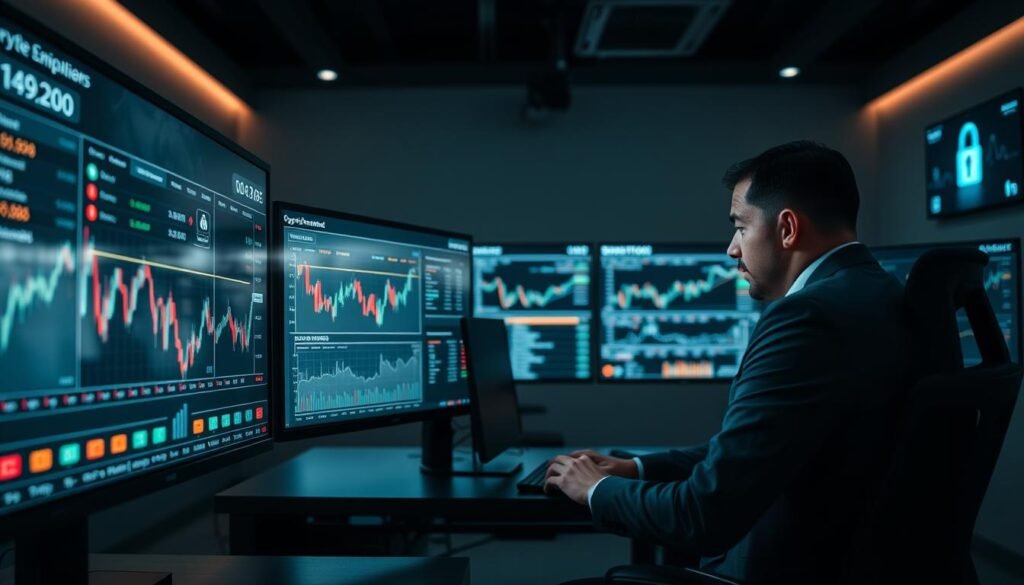 A modern cryptocurrency exchange interface displayed prominently in the foreground, showcasing a digital dashboard with various cryptocurrency charts, trading pairs, and real-time price movements. Include a professional trader in business attire intently examining the screen, seated at a sleek desk with dual monitors. In the middle ground, a dimly lit room filled with additional monitors displaying graphics of market trends and security features. The background features a minimalist office environment with muted colors, ambient lighting creating a focused yet dynamic atmosphere. Soft reflections on the screens enhance the technological feel, capturing the essence of a serious, secure trading environment. The overall mood should be one of concentration and professionalism, emphasizing the importance of setting up a comprehensive trading system.