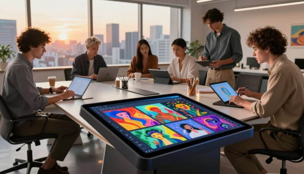 A modern digital art generator platform set in a sleek and innovative workspace. In the foreground, a gently glowing touchscreen interface displays vibrant AI-generated artworks, showcasing a variety of styles such as abstract, surreal, and impressionistic. To the sides, talented artists in professional attire collaborate, discussing ideas over digital tablets. The middle ground features a stylish meeting table adorned with various art supplies and high-tech gadgets. The background includes large windows revealing a bustling city skyline bathed in soft, golden sunset light, creating a warm, inviting atmosphere. The scene is captured from a slightly elevated angle, conveying a sense of creativity and professionalism, with soft lighting highlighting the dynamic interaction between technology and artistry.