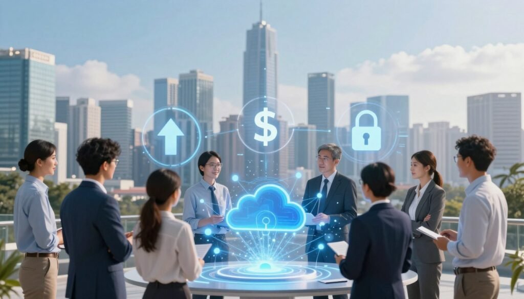 A modern digital landscape illustrating the benefits of Blockchain as a Service (BaaS) platforms. In the foreground, a diverse group of professionals in business attire discuss over a futuristic touchscreen display, showcasing interconnected blockchain nodes and cloud technology. The middle ground features visual metaphors for scalability, cost-effectiveness, and security, such as upward arrows, a dollar sign, and a locked padlock. In the background, a skyline of high-tech buildings under a bright, clear sky symbolizes innovation and growth. The atmosphere is vibrant and optimistic, with soft, ambient lighting emphasizing the progressive nature of BaaS. The scene is captured from a dynamic angle to create depth and interest, making it visually engaging and informative.