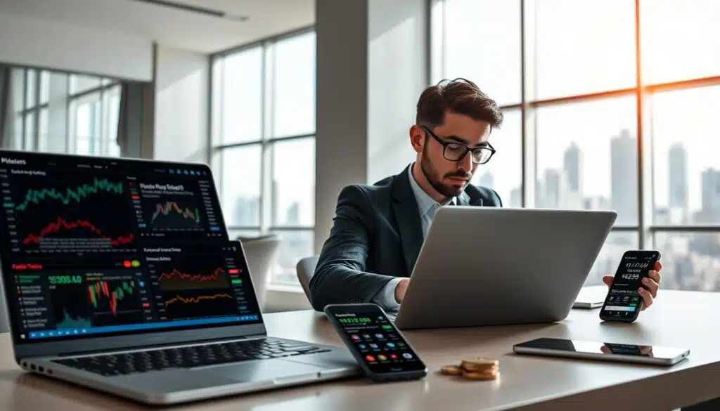 A modern digital workspace scene showcasing the essence of cryptocurrency news. In the foreground, a sleek laptop displays various cryptocurrency news articles and market trend charts. There are a few strategic digital devices like smartphones and tablets featuring up-to-date prices and notifications. In the middle ground, a professional individual dressed in smart casual attire intently analyzes data, with their hand on the laptop, conveying focus and engagement. The background features a minimalistic office space with large windows revealing a city skyline bathed in natural light, creating an optimistic and forward-looking atmosphere. Soft, ambient lighting fills the room, enhancing a sense of professionalism and modernity. This composition reflects both the urgency and importance of staying informed about market trends in the cryptocurrency landscape.