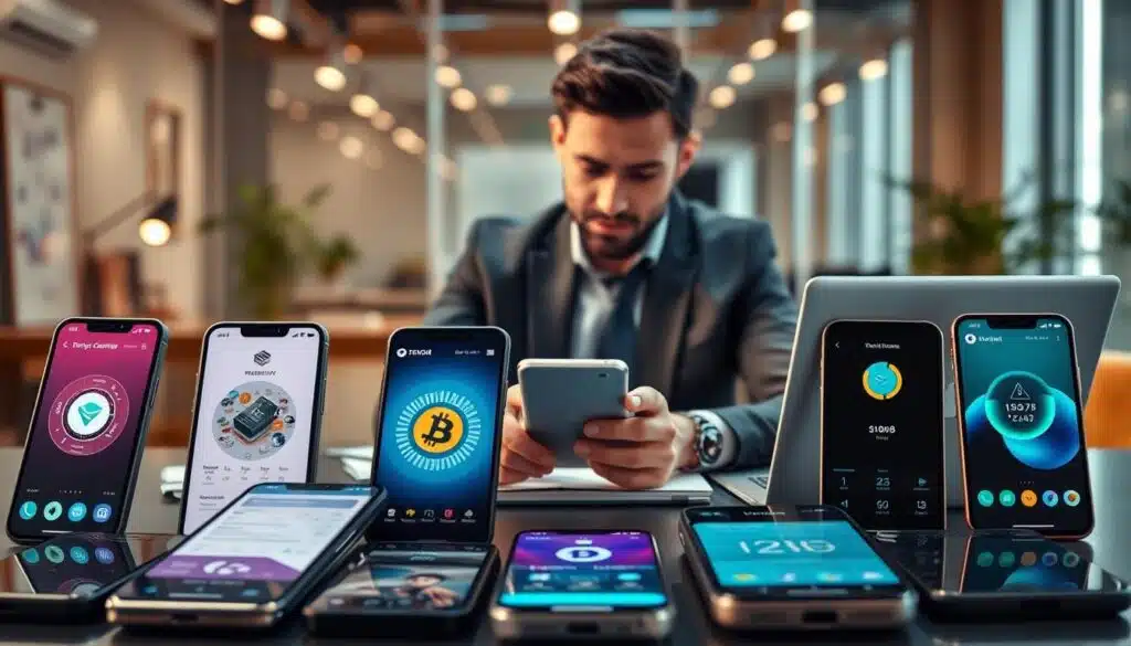 A modern digital workspace showcasing a selection of cryptocurrency mobile apps on various smartphones, arranged prominently in the foreground. In the middle ground, a professional-looking person in business attire, with a focused expression, evaluates the apps on their device, surrounded by notes and a laptop. The background features a softly blurred contemporary office environment with warm lighting, suggesting a productive atmosphere. The overall mood is informative and dynamic, inspiring confidence in technology selection. Use a slightly elevated angle to capture the details on the smartphone screens while maintaining focus on the individual’s analytical process. The color palette should be sleek and modern, conveying a sense of sophistication in the cryptocurrency landscape of 2026.