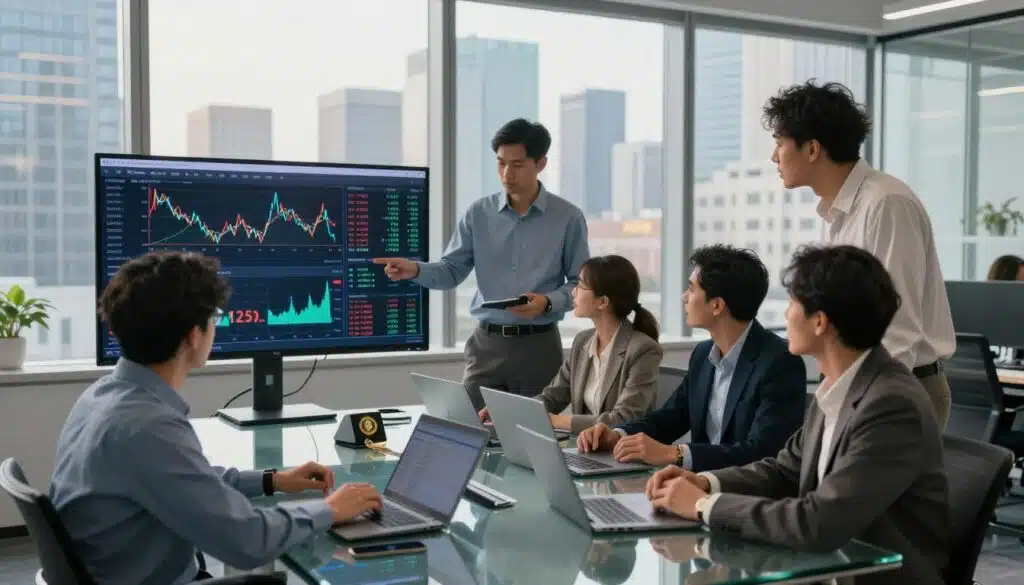 A modern, dynamic office environment depicting "day-of-week trading" in cryptocurrency. In the foreground, a diverse group of four professionals—two men and two women—are engaged in a lively discussion, each dressed in professional business attire. They are analyzing charts and graphs displayed on large screens, which show weekly patterns and trends of various cryptocurrencies. In the middle ground, a sleek glass conference table cluttered with laptops and digital devices enhances the collaborative atmosphere. The background reveals a panoramic view of a bustling city skyline through floor-to-ceiling windows, bathed in warm morning light. The scene conveys a mood of intensity and focus, emphasizing the importance of analyzing seasonal patterns for trading decisions. The image captures a moment of strategic planning and teamwork in the fast-paced world of cryptocurrency trading.