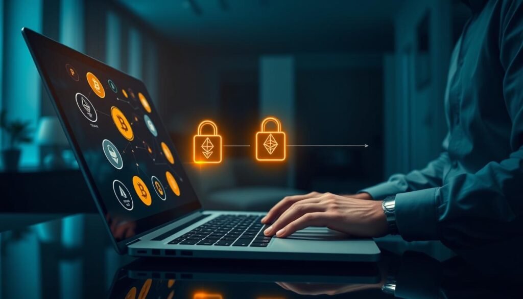 A modern, high-tech digital wallet interface prominently displayed in the foreground, showcasing various cryptocurrency symbols like Bitcoin, Ethereum, and Litecoin. In the middle ground, a sleek laptop is open, revealing a secure transaction process with glowing encryption locks symbolizing security. A faint connection line indicates the transfer between two wallets, visually represented by abstract digital accounts. The background features a sophisticated, dimly lit office space with soft blue and green ambient lighting to create a sense of trust and safety. A subtle glow emanates from the screen, casting reflections on the user's hands, depicted casually dressed in a professional shirt, focused on the transaction. The overall mood conveys assurance and security in cryptocurrency transfer, highlighting the importance of choosing the right wallets. A modern, high-tech digital wallet interface prominently displayed in the foreground, showcasing various cryptocurrency symbols like Bitcoin, Ethereum, and Litecoin. In the middle ground, a sleek laptop is open, revealing a secure transaction process with glowing encryption locks symbolizing security. A faint connection line indicates the transfer between two wallets, visually represented by abstract digital accounts. The background features a sophisticated, dimly lit office space with soft blue and green ambient lighting to create a sense of trust and safety. A subtle glow emanates from the screen, casting reflections on the user's hands, depicted casually dressed in a professional shirt, focused on the transaction. The overall mood conveys assurance and security in cryptocurrency transfer, highlighting the importance of choosing the right wallets.