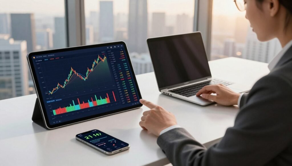 A modern, minimalistic workspace featuring a sleek desk with a large digital tablet displaying a dynamic cryptocurrency portfolio graph on its screen, highlighting various pricing tiers in vibrant colors. In the foreground, a confident business professional in smart attire intently examines the tablet, with a smartphone nearby showing alerts for price changes. The middle of the composition includes a stylish laptop next to the tablet, while a large window in the background reveals a bustling city skyline, bathed in warm afternoon light, symbolizing growth and opportunity. The mood is focused and innovative, reflecting a blend of technology and finance. Use soft, diffused lighting to enhance the professionalism and clarity of the scene. The angle should be slightly above the desk level, allowing a clear view of the devices.
