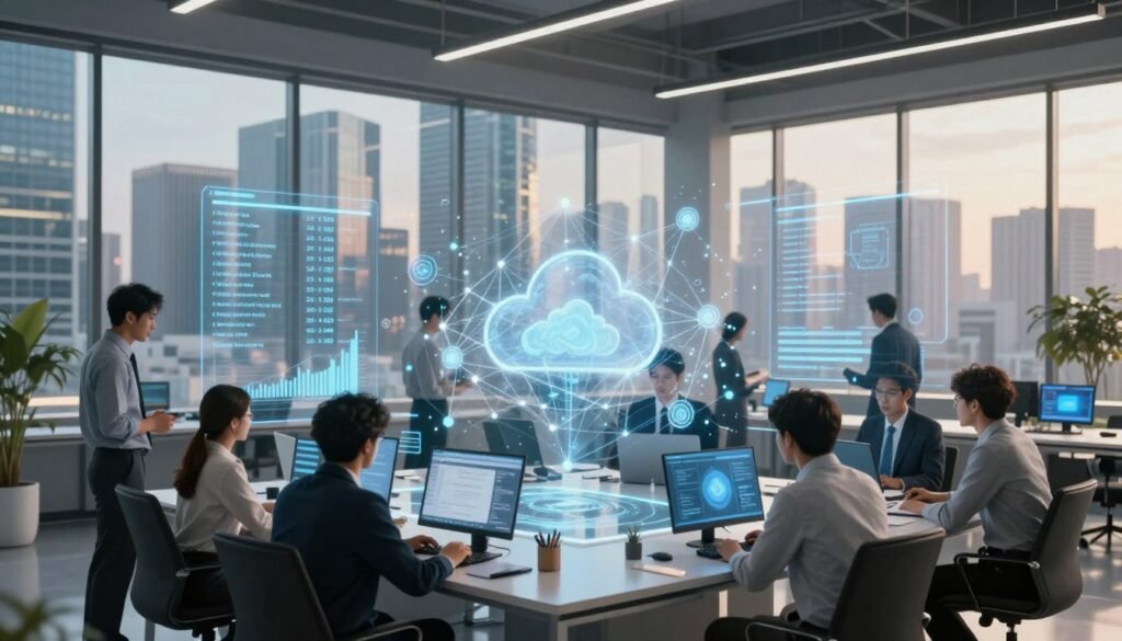 A modern office environment featuring a sleek, high-tech workspace as the foreground, where a diverse group of professionals in business attire collaborate around a futuristic interface displaying blockchain transaction data and cloud services. In the middle, visual elements like digital ledgers, graphs, and glowing network nodes represent the complex digital landscape of blockchain technology. The background showcases a futuristic city skyline through large glass windows, bathed in warm, natural light to convey a sense of progress and innovation. The atmosphere is one of energy and teamwork, highlighting the growing importance of blockchain as a service in enterprise cloud strategies. Use a wide-angle lens to capture the entire scene, emphasizing connectivity and collaboration.