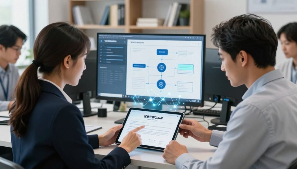A modern office environment showcasing a diverse group of professionals engaged in a verification process for blockchain certificates. In the foreground, two individuals, a woman in a sharp business suit and a man in a collared shirt, are closely examining a digital certificate displayed on a sleek tablet. The woman points at the screen, highlighting key features, while a holographic display of blockchain nodes hovers above the tablet, glowing softly. In the middle, a large monitor shows graphs and the verification steps visually represented in a flowchart. The background features shelves lined with books on blockchain technology, enhancing the setting's professionalism. Bright, soft lighting creates a focused yet collaborative atmosphere, capturing the essence of innovation and trust in technology. A modern office environment showcasing a diverse group of professionals engaged in a verification process for blockchain certificates. In the foreground, two individuals, a woman in a sharp business suit and a man in a collared shirt, are closely examining a digital certificate displayed on a sleek tablet. The woman points at the screen, highlighting key features, while a holographic display of blockchain nodes hovers above the tablet, glowing softly. In the middle, a large monitor shows graphs and the verification steps visually represented in a flowchart. The background features shelves lined with books on blockchain technology, enhancing the setting's professionalism. Bright, soft lighting creates a focused yet collaborative atmosphere, capturing the essence of innovation and trust in technology.