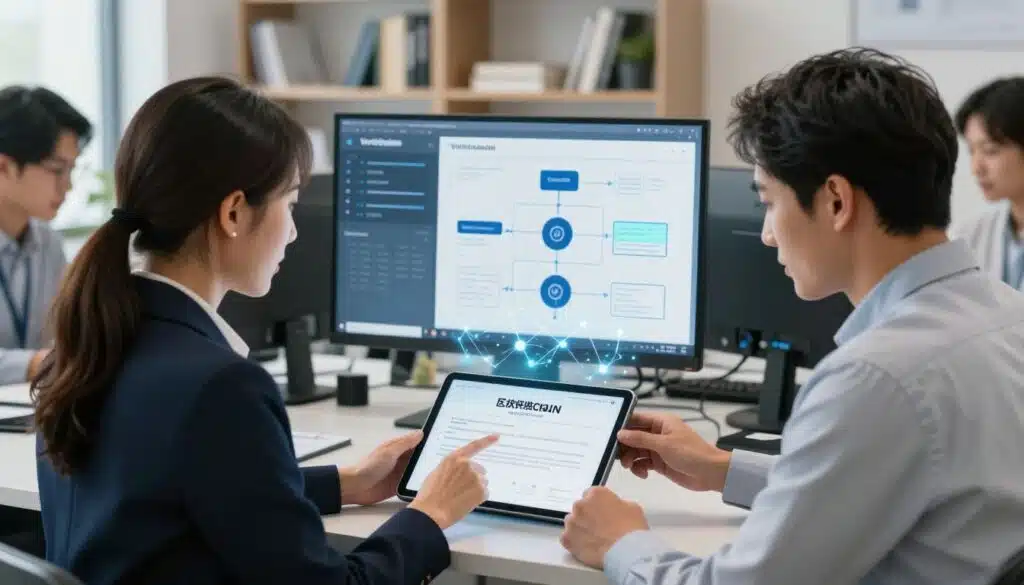 A modern office environment showcasing a diverse group of professionals engaged in a verification process for blockchain certificates. In the foreground, two individuals, a woman in a sharp business suit and a man in a collared shirt, are closely examining a digital certificate displayed on a sleek tablet. The woman points at the screen, highlighting key features, while a holographic display of blockchain nodes hovers above the tablet, glowing softly. In the middle, a large monitor shows graphs and the verification steps visually represented in a flowchart. The background features shelves lined with books on blockchain technology, enhancing the setting's professionalism. Bright, soft lighting creates a focused yet collaborative atmosphere, capturing the essence of innovation and trust in technology. A modern office environment showcasing a diverse group of professionals engaged in a verification process for blockchain certificates. In the foreground, two individuals, a woman in a sharp business suit and a man in a collared shirt, are closely examining a digital certificate displayed on a sleek tablet. The woman points at the screen, highlighting key features, while a holographic display of blockchain nodes hovers above the tablet, glowing softly. In the middle, a large monitor shows graphs and the verification steps visually represented in a flowchart. The background features shelves lined with books on blockchain technology, enhancing the setting's professionalism. Bright, soft lighting creates a focused yet collaborative atmosphere, capturing the essence of innovation and trust in technology.