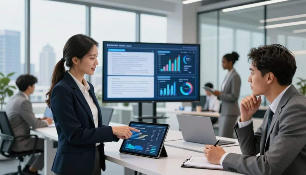A modern office environment showcasing a diverse group of professionals in business attire discussing AI crypto regulations. In the foreground, a confident woman points at a digital tablet displaying graphs and compliance metrics, while a thoughtful man takes notes, highlighting collaboration. The middle ground features a large screen displaying dynamic charts and regulations documents. In the background, a futuristic city skyline can be seen through glass walls, with soft daylight streaming in, creating a bright and optimistic atmosphere. The scene is captured using a wide-angle lens to emphasize the collaborative space, with a clean, contemporary aesthetic that conveys seriousness and professionalism.