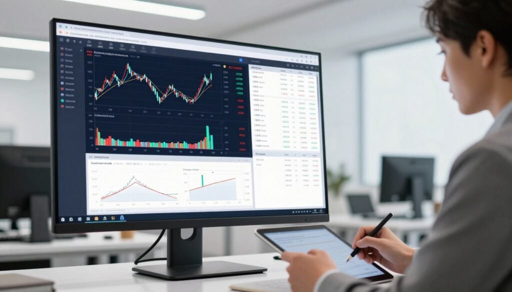 A modern office setting with a sleek, minimalist design in the background. The foreground features a large digital screen displaying detailed backtesting results of a cryptocurrency trading strategy, with multiple graphs and performance metrics clearly visible. A professional, focused individual in business attire is analyzing the screen, using a tablet to take notes. The lighting is bright and clear, emphasizing the data on the screen, while soft shadows add depth to the scene. The atmosphere conveys a sense of diligence and analysis, suggesting the importance of careful preparation before financial investment. The angle is slightly elevated to capture both the screen and the individual’s engaged expression.