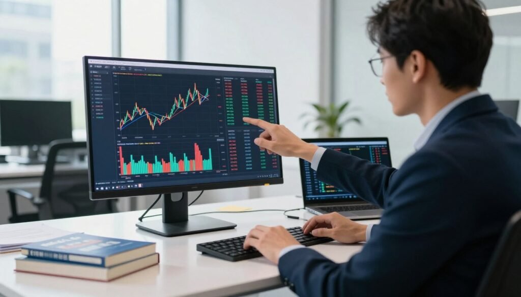 A modern office space with a large monitor displaying colorful charts and graphs representing historical crypto trading data. In the foreground, a focused individual in professional business attire is analyzing the data, with one hand on the keyboard and the other pointing at trends on the screen. In the middle, there's a sleek desk scattered with notes, trading books, and a laptop showing statistical analyses. The background features large windows letting in natural light, creating a bright and inspiring environment. The mood is one of concentration and determination, emphasizing the analytical process of backtesting trading strategies. The image is well-lit, with a slight depth of field effect to highlight the subject and their workspace, conveying an atmosphere of professionalism and focus.