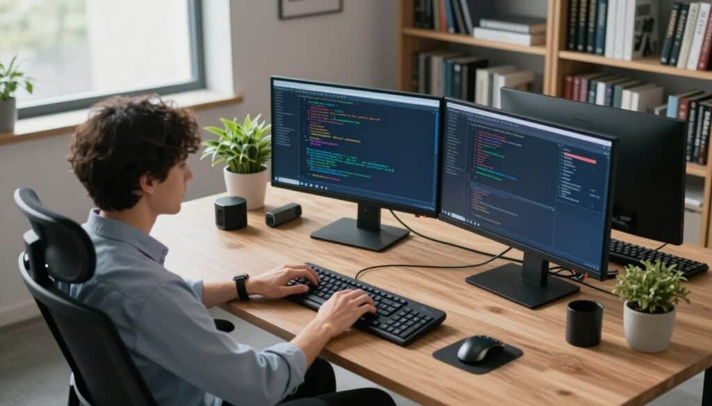 A modern office workspace with a clean, organized desk featuring dual monitors displaying code and blockchain data on a test network. In the foreground, a focused software developer in professional attire is typing intently. The middle layer shows an ergonomic chair, tech gadgets, and a potted plant adding a touch of nature, alongside a window allowing natural light to flood the room. In the background, shelves filled with programming books and blockchain resources provide depth. Soft, ambient lighting enhances a productive atmosphere. The angle is from a slight overhead view, capturing the energy of development and the clarity of the environment, with a color palette of cool blues and warm wood tones for a professional yet inviting feel.
