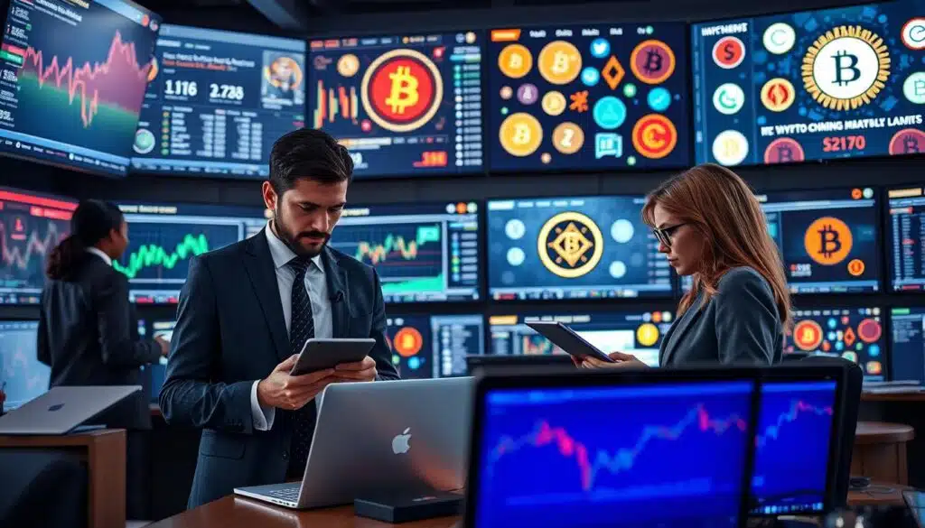 A modern, professional newsroom environment showcasing a diverse team of business professionals engaged in discussions about cryptocurrency news. In the foreground, a focused male and female journalist, both dressed in smart business attire, are analyzing data on a sleek laptop and digital tablets. In the middle, multiple screens display fluctuating crypto charts, news headlines, and social media feeds related to cryptocurrency. The background features a wall of digital monitors with vibrant graphics depicting influential cryptocurrency icons and logos, illuminated by soft, ambient lighting. The overall mood is dynamic and intense, conveying the urgency and importance of staying informed in the evolving crypto landscape of 2026. The image is captured from a slightly elevated angle to encompass the entire scene, creating a sense of activity and engagement.