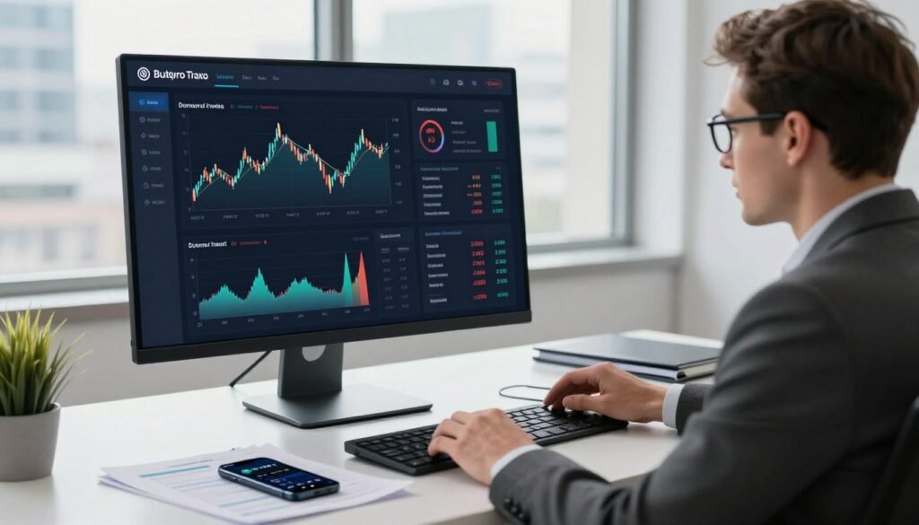 A modern, sleek cryptocurrency trading platform interface displayed on a high-resolution screen in a bright, professional office environment. In the foreground, a well-dressed individual sits at a desk, attentively reviewing graphs and charts that depict AI cryptocurrency trends. The individual, a Caucasian male in his 30s, wears a tailored suit and glasses, focusing on the screen with a look of determination. In the middle, the desk is cluttered with financial reports and a smartphone showing cryptocurrency prices. The background features large windows with city views and soft natural light illuminating the space. Create a mood of innovation and professionalism, capturing the excitement of investing in AI crypto in the United States.