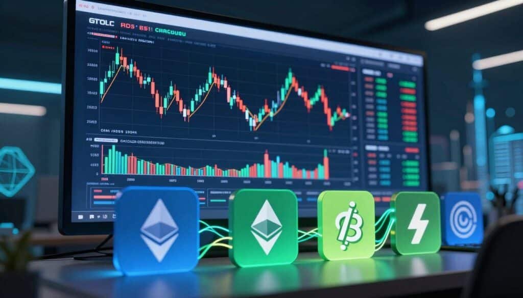 A modern, sleek visualization of cryptocurrency market data, focusing on altcoin dynamics. In the foreground, a vibrant collage of various cryptocurrency icons (like Ethereum, Ripple, and Litecoin) with dynamic lines indicating market fluctuations. The middle layer features a large digital screen displaying complex graphs and charts showing market cap trends, alongside colorful candlestick patterns. The background includes abstract representations of blockchain technology and futuristic cityscapes, bathed in a blue and green glow to evoke a tech-forward atmosphere. Soft ambient lighting enhances the scene, while a slight depth of field gives a professional, polished look. The setting is clean and organized, reflecting a data-driven environment, suitable for analysis. A modern, sleek visualization of cryptocurrency market data, focusing on altcoin dynamics. In the foreground, a vibrant collage of various cryptocurrency icons (like Ethereum, Ripple, and Litecoin) with dynamic lines indicating market fluctuations. The middle layer features a large digital screen displaying complex graphs and charts showing market cap trends, alongside colorful candlestick patterns. The background includes abstract representations of blockchain technology and futuristic cityscapes, bathed in a blue and green glow to evoke a tech-forward atmosphere. Soft ambient lighting enhances the scene, while a slight depth of field gives a professional, polished look. The setting is clean and organized, reflecting a data-driven environment, suitable for analysis.