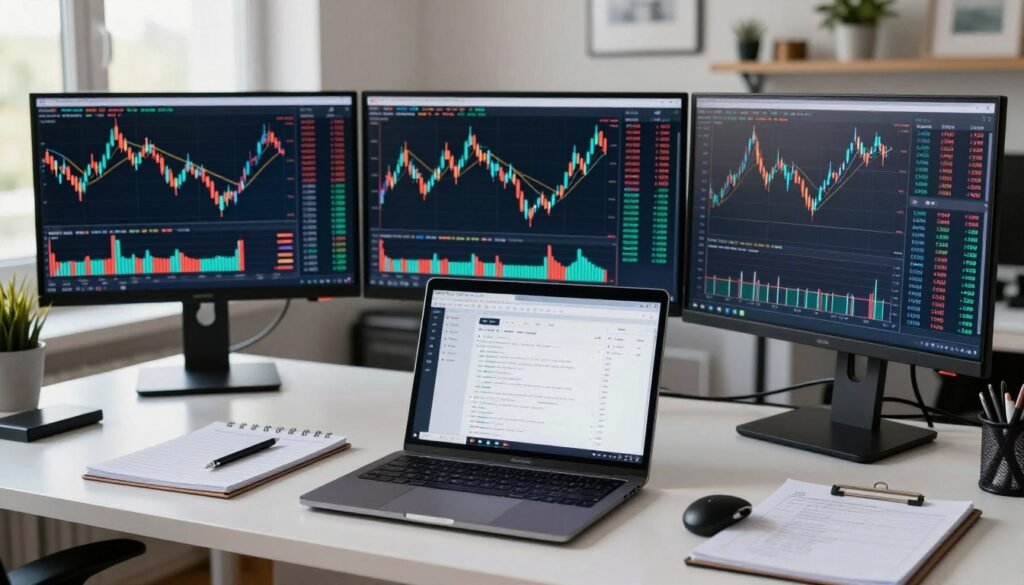 A modern trading workspace featuring multiple screens displaying vibrant price charts and candlestick patterns related to cryptocurrency trading. In the foreground, a sleek laptop with a detailed TradingView interface is prominently featured, surrounded by notepads and trading tools. The middle ground showcases several large monitors with interactive crypto charts, fluctuating prices, and market indicators. The background reveals a softly lit office space with stylish decor, enhancing a focused and professional mood. The lighting is bright and clear, illuminated by natural daylight filtering through a window. The overall atmosphere embodies concentration and the excitement of market analysis, without any people present. The image should be clean, dynamic, and visually engaging to reflect the essence of crypto trading. A modern trading workspace featuring multiple screens displaying vibrant price charts and candlestick patterns related to cryptocurrency trading. In the foreground, a sleek laptop with a detailed TradingView interface is prominently featured, surrounded by notepads and trading tools. The middle ground showcases several large monitors with interactive crypto charts, fluctuating prices, and market indicators. The background reveals a softly lit office space with stylish decor, enhancing a focused and professional mood. The lighting is bright and clear, illuminated by natural daylight filtering through a window. The overall atmosphere embodies concentration and the excitement of market analysis, without any people present. The image should be clean, dynamic, and visually engaging to reflect the essence of crypto trading.