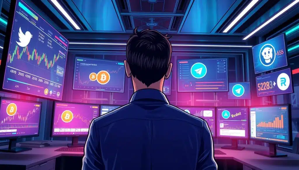 A modern, vibrant digital illustration of various cryptocurrency social media platforms depicted on glowing screens in a contemporary office space. In the foreground, a professional individual in business attire intently monitors a large display of fluctuating charts and coin icons, depicting the excitement and volatility of crypto trading. In the middle ground, multiple monitors showcase popular social media logos like Twitter, Reddit, and Telegram surrounded by animated notifications and charts, highlighting community discussions and alerts. The background features a sleek, high-tech office with dynamic lighting, creating a futuristic atmosphere. The scene conveys a sense of urgency and caution, emphasizing the deceptive allure of crypto pump and dump schemes. The overall mood is intense yet professional, focusing on the digital nature of trading and communication in the cryptocurrency market.