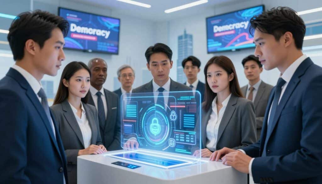 A modern, vibrant scene depicting blockchain voting in a U.S. election context. In the foreground, a diverse group of professional individuals, men and women in business attire, are gathered around a transparent voting machine with a digital interface displaying blockchain motifs. Their expressions are focused and engaged, symbolizing confidence in the voting process. In the middle, intricate holographic visuals showcasing blockchain data flow and secure transactions hover above the voting machine. The background features a futuristic city skyline with digital billboards highlighting democracy and technology, casting a soft blue glow. The lighting is bright and optimistic, emphasizing innovation and trust. The angle is slightly tilted upward, creating a sense of empowerment and progress in voting technology. A modern, vibrant scene depicting blockchain voting in a U.S. election context. In the foreground, a diverse group of professional individuals, men and women in business attire, are gathered around a transparent voting machine with a digital interface displaying blockchain motifs. Their expressions are focused and engaged, symbolizing confidence in the voting process. In the middle, intricate holographic visuals showcasing blockchain data flow and secure transactions hover above the voting machine. The background features a futuristic city skyline with digital billboards highlighting democracy and technology, casting a soft blue glow. The lighting is bright and optimistic, emphasizing innovation and trust. The angle is slightly tilted upward, creating a sense of empowerment and progress in voting technology.