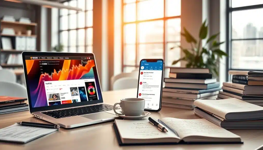 A modern workspace filled with cryptocurrency-related articles and digital devices. In the foreground, a stylish laptop displays a vibrant, dynamic cryptocurrency news website interface, showcasing charts and live updates. Beside it, a smartphone notifications screen pops up with alerts on the latest market trends. The middle layer features an organized desk with stacked books on blockchain technology, a cup of coffee, and a notepad filled with handwritten notes. The background reveals a sleek, minimalist office environment with large windows, letting in warm, natural light that creates a welcoming and productive atmosphere. The overall mood is focused and informative, conveying a sense of urgency and excitement about the ever-changing world of cryptocurrency.