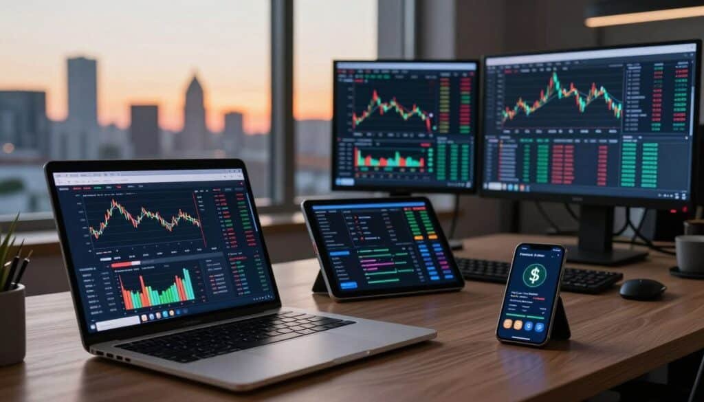 A modern workspace filled with essential trading tools used for cryptocurrency management. In the foreground, there's a sleek laptop displaying vibrant graphs and trading interfaces, illuminated by soft, ambient lighting. Beside it, a smartphone shows real-time crypto updates. The middle ground features high-tech gadgets like a tablet with trading analytics, and digital monitors showcasing market trends. In the background, a large window reveals a city skyline, bathed in warm sunset hues, enhancing the atmosphere of a dynamic trading environment. The scene conveys a sense of innovation and focus, ideal for illustrating advanced trading tool automation features. The perspective is slightly angled to capture depth, and the lighting creates a professional yet inviting mood.