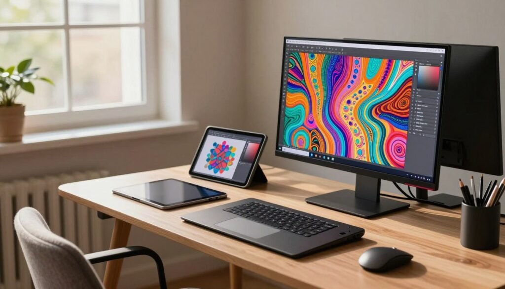A modern workspace filled with sleek, innovative AI art generator tools. In the foreground, a stylish computer screen displays a vibrant AI-generated artwork, showcasing an array of colors and patterns. On the desk, various digital tablets, sketch pads, and styluses are neatly arranged, emphasizing creativity and artistry. In the middle ground, a cozy chair sits beside the desk, inviting artists to engage with the tools. The background features a large window with soft natural light streaming in, illuminating the room with a warm glow. Soft shadows enhance the atmosphere of inspiration and innovation, creating a versatile and budget-friendly environment for creators to explore their artistic potential. The composition should evoke a sense of possibility and creativity for artists.