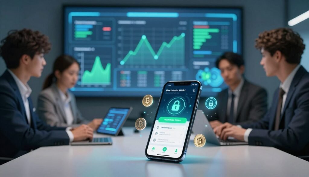 A modern workspace illustrating the concept of crypto payment applications. In the foreground, a sleek smartphone displaying a cryptocurrency wallet app, surrounded by digital coins and secure payment icons. The middle ground features a diverse group of professionals in business attire discussing blockchain technology, with one holding a tablet showing transaction speeds. The background features a large digital screen with dynamic graphs and charts representing blockchain transaction data, subtly glowing with blue and green hues. Soft, ambient lighting enhances the futuristic atmosphere, while a shallow depth of field focuses on the smartphone as the primary element. The overall mood is collaborative and innovative, capturing the essence of efficiency and speed in crypto payments.