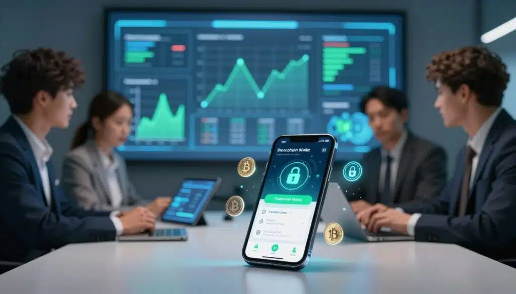 A modern workspace illustrating the concept of crypto payment applications. In the foreground, a sleek smartphone displaying a cryptocurrency wallet app, surrounded by digital coins and secure payment icons. The middle ground features a diverse group of professionals in business attire discussing blockchain technology, with one holding a tablet showing transaction speeds. The background features a large digital screen with dynamic graphs and charts representing blockchain transaction data, subtly glowing with blue and green hues. Soft, ambient lighting enhances the futuristic atmosphere, while a shallow depth of field focuses on the smartphone as the primary element. The overall mood is collaborative and innovative, capturing the essence of efficiency and speed in crypto payments.