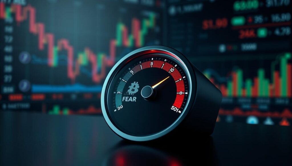 A polished, engaging visual representation of the "Fear and Greed Index Score." In the foreground, a sleek digital gauge displays a vibrant score, transitioning from deep red (fear) to bright green (greed), symbolizing the fluctuating emotional sentiment of cryptocurrency investors. The middle ground features abstract graphics of bullish and bearish market symbols, subtly incorporated to denote market trends. The background is a blend of blurred stock market charts and cryptocurrency icons, creating a dynamic atmosphere. Soft, directional lighting highlights the gauge while casting gentle shadows, enhancing depth. The overall mood is analytical and insightful, inviting viewers to interpret market sentiment visually. The composition should evoke a sense of urgency and engagement without any text or overlays.