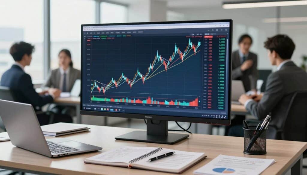 A polished financial office setting with a sleek digital display showing a daily chart of stock prices. In the foreground, a well-organized desktop cluttered with analytical tools, including a laptop, a notebook filled with notes on market trends, and a couple of pens. The middle layer features a large wall-mounted screen prominently displaying vibrant, clean lines of a daily price chart, with clear upward and downward trends illustrated. The background includes blurred outlines of professional business attire-whispering individuals engaged in discussion, enhancing a collaborative atmosphere. Soft, natural lighting filters through floor-to-ceiling windows, creating an inspiring yet focused mood. The image conveys clarity and professionalism, emphasizing the concept of analyzing daily trends in financial markets without distraction.