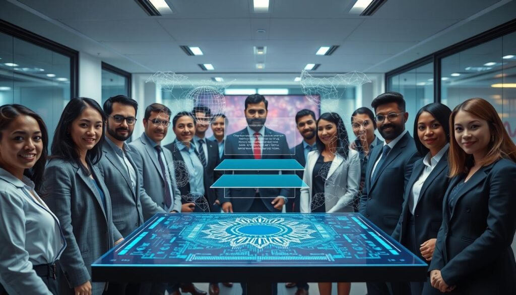 A professional setting depicting the concept of identity through zero-knowledge proofs. In the foreground, a diverse group of individuals in professional business attire are gathered around a holographic display showcasing intricate digital designs representing secure authentication methods. In the middle, a glowing interface displays layers of information, symbolizing the exchange of verifiable credentials without revealing personal data. In the background, a modern, tech-savvy office environment with soft, cool lighting accentuates the high-tech atmosphere. The mood is focused and innovative, reflecting a secure and forward-thinking approach to identity verification. Use a wide-angle lens to capture the collaboration and interaction among the individuals, enhancing the sense of teamwork in the realm of digital identity verification.