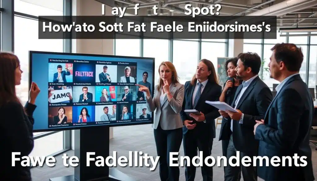 A professional setting illustrating "How to Spot Fake Celebrity Endorsements." In the foreground, a diverse group of individuals in business attire examine a large digital screen displaying various celebrity endorsements, some authentic and some fake. The screen shows visual cues like mismatched logos, awkward poses, and unusual product associations. In the middle, a thoughtful woman points at the screen, while a man takes notes with a puzzled expression. In the background, a stylish office with modern decor and large windows allowing soft, natural light to filter through, creating a focused atmosphere. The overall mood should convey curiosity and critical thinking, inviting the viewer to engage in discerning real from fake endorsements.