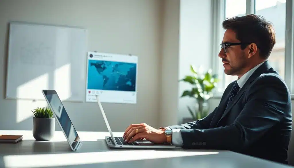 A professional, well-lit office environment forms the background, with a minimalist desk featuring a laptop open to a social media page. In the foreground, a person dressed in smart business attire is intently examining network connections displayed on the screen. They possess a focused expression, suggesting critical thinking and caution. Soft natural light filters through a nearby window, casting gentle shadows that create an inviting atmosphere. The image captures a sense of vigilance and professionalism, emphasizing the importance of careful scrutiny in online communications, particularly regarding cryptocurrency transactions. The composition is shot from a slightly elevated angle, showcasing both the subject’s engagement with the screen and the organized workspace around them.