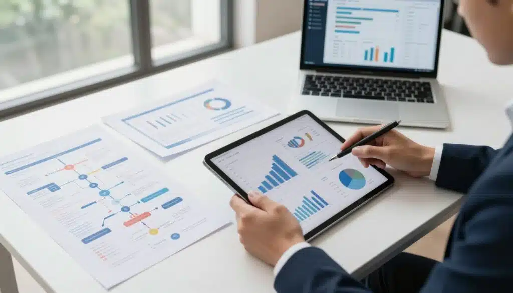 A professional workspace featuring a detailed whitepaper on a sleek desk surrounded by related documentation and a structured roadmap. In the foreground, a pair of hands, clad in smart business attire, holds a digital tablet displaying charts and graphs. The midground showcases an open laptop with analytical tools, alongside various printed documents scattered around, symbolizing careful evaluation. In the background, a large window allows natural light to flood the space, creating a bright and inviting atmosphere. Soft shadows enhance the depth of the scene, highlighting the focus on due diligence in cryptocurrency analysis. The overall mood should convey professionalism, diligence, and a commitment to thorough investigation. The scene is captured with a slight top-down angle to provide a comprehensive view.