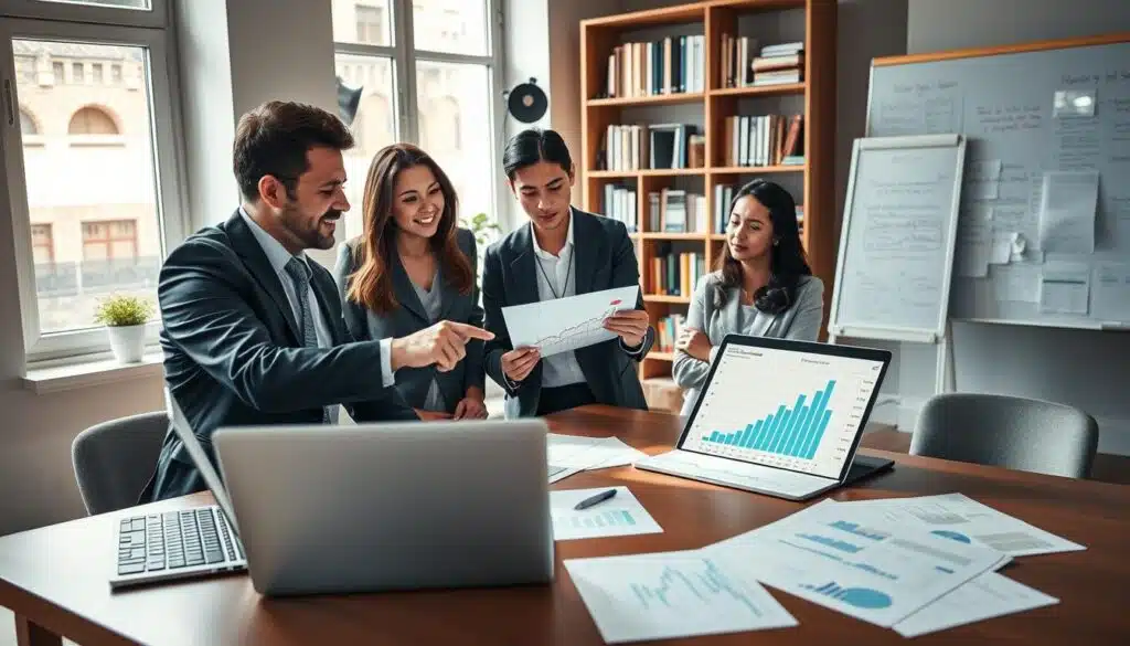 A professional workspace, illuminated by soft natural light from a large window, showcasing a diverse group of three individuals engaged in a focused discussion around a table. The foreground features laptops with data charts open, alongside printed research documents and a digital tablet displaying cryptocurrency market analysis. In the middle, one person, a man in a smart business suit, points at a graph, while a woman in a tailored blazer takes notes, and a third individual, a young professional in modest casual clothing, observes intently. The background contains bookshelves filled with research materials and a large whiteboard with brainstorming notes. The atmosphere conveys a sense of collaboration and deep inquiry, highlighting the importance of thorough research in evaluating investment opportunities.