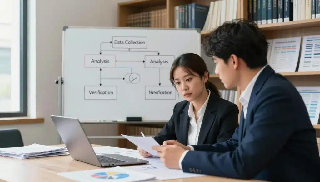A professional workspace illustrating a research workflow aimed at minimizing distraction from sensational headlines. In the foreground, a pair of professionals—one woman and one man, both dressed in smart business attire—collaborate over a table filled with documents, a laptop, and charts. In the middle, a large whiteboard displays a flowchart outlining the research process, with clearly labeled steps such as "Data Collection," "Analysis," and "Verification," presented in a visually organized manner. The background features bookshelves filled with research journals and reports, adding depth to the scene. Soft, natural lighting from a nearby window creates an inviting atmosphere, while a focused angle captures the intensity of the discussion, emphasizing concentration and diligence in the research workflow.