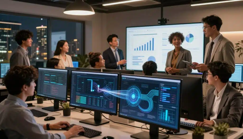 A professional workspace illustrating the advantages of Akash Network's decentralized AI computing over centralized cloud services. In the foreground, a sleek desktop with graphical representations of data flowing seamlessly across platforms, symbolizing connectivity. In the middle ground, a diverse group of business professionals in smart attire collaborating around a digital display showing charts and diagrams; their expressions reveal enthusiasm and confidence. The background features a city skyline with modern architecture, hinting at innovation and technology. Warm, ambient lighting casts a friendly glow, while a wide-angle lens captures the dynamic atmosphere, conveying a sense of progress and collaboration. A professional workspace illustrating the advantages of Akash Network's decentralized AI computing over centralized cloud services. In the foreground, a sleek desktop with graphical representations of data flowing seamlessly across platforms, symbolizing connectivity. In the middle ground, a diverse group of business professionals in smart attire collaborating around a digital display showing charts and diagrams; their expressions reveal enthusiasm and confidence. The background features a city skyline with modern architecture, hinting at innovation and technology. Warm, ambient lighting casts a friendly glow, while a wide-angle lens captures the dynamic atmosphere, conveying a sense of progress and collaboration.