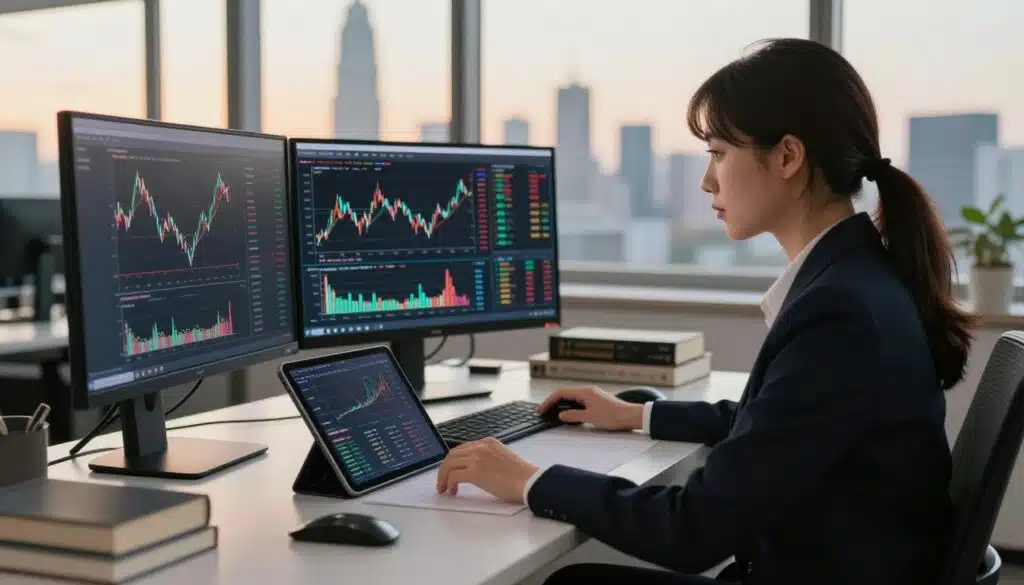A serene office environment focused on crypto analysis, featuring a female analyst in professional attire, deeply engaged in examining charts and graphs displayed on multiple screens. In the foreground, a close-up of a digital tablet showcases upward-trending market data. In the middle ground, a modern desk cluttered with crypto books and analytical tools adds context. The background reveals a large window with a city skyline during golden hour, casting warm natural light that enhances the atmosphere of focus and determination. The scene conveys a sense of professionalism and analytical rigor, embodying the meticulous nature of a bottom-up approach in crypto market analysis. A serene office environment focused on crypto analysis, featuring a female analyst in professional attire, deeply engaged in examining charts and graphs displayed on multiple screens. In the foreground, a close-up of a digital tablet showcases upward-trending market data. In the middle ground, a modern desk cluttered with crypto books and analytical tools adds context. The background reveals a large window with a city skyline during golden hour, casting warm natural light that enhances the atmosphere of focus and determination. The scene conveys a sense of professionalism and analytical rigor, embodying the meticulous nature of a bottom-up approach in crypto market analysis.