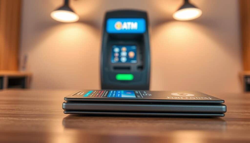 A sleek and modern bitcoin wallet lying on a wooden desk, featuring a digital display showing a simulated transaction interface with vibrant colors. In the foreground, the wallet is slightly angled, highlighting its slim profile and metallic finish. The middle of the scene contains cryptocurrency symbols and icons subtly blending into the background, representing the digital nature of transactions. The background features a soft-focus image of a cryptocurrency ATM, illuminated by overhead lighting that casts a warm glow, creating an inviting atmosphere. The overall mood is tech-savvy and professional, evoking a sense of innovation and financial security. Use a shallow depth of field to keep the focus on the wallet while blurring the ATM in the distance, capturing a modern and sophisticated vibe.