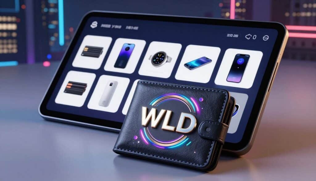 A sleek and modern digital wallet interface showcasing the WLD token prominently in the foreground, with vibrant holographic effects around the token to symbolize its digital nature. The middle ground features a variety of wallet options displayed on a futuristic touchscreen device, illustrating diverse storage methods for the WLD token, such as mobile wallets and hardware devices. In the background, a subtle city skyline is illuminated with neon lights, hinting at a tech-savvy environment. The scene is well-lit with soft lighting emphasizing the wallet and token, creating a balanced atmosphere of innovation and security. The angle is a slightly low viewpoint, giving a sense of grandeur to the wallet interface while maintaining a professional tone. A sleek and modern digital wallet interface showcasing the WLD token prominently in the foreground, with vibrant holographic effects around the token to symbolize its digital nature. The middle ground features a variety of wallet options displayed on a futuristic touchscreen device, illustrating diverse storage methods for the WLD token, such as mobile wallets and hardware devices. In the background, a subtle city skyline is illuminated with neon lights, hinting at a tech-savvy environment. The scene is well-lit with soft lighting emphasizing the wallet and token, creating a balanced atmosphere of innovation and security. The angle is a slightly low viewpoint, giving a sense of grandeur to the wallet interface while maintaining a professional tone.