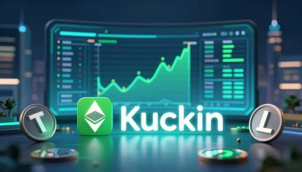 A sleek digital landscape showcasing the KuCoin logo prominently in the foreground, surrounded by a variety of stylized altcoin symbols, including Ethereum and Litecoin, glowing softly. The middle layer features a futuristic trading interface displaying charts and graphs, illuminated with bright green and blue tones to reflect a high-tech atmosphere. In the background, a blurred skyline of a modern city hints at the bustling world of cryptocurrency trading. Soft ambient lighting creates a sophisticated and inviting mood, while a slight depth of field effect focuses on the KuCoin logo and the trading interface. The image combines sharp details with an overall sense of innovation and automation in the crypto environment.