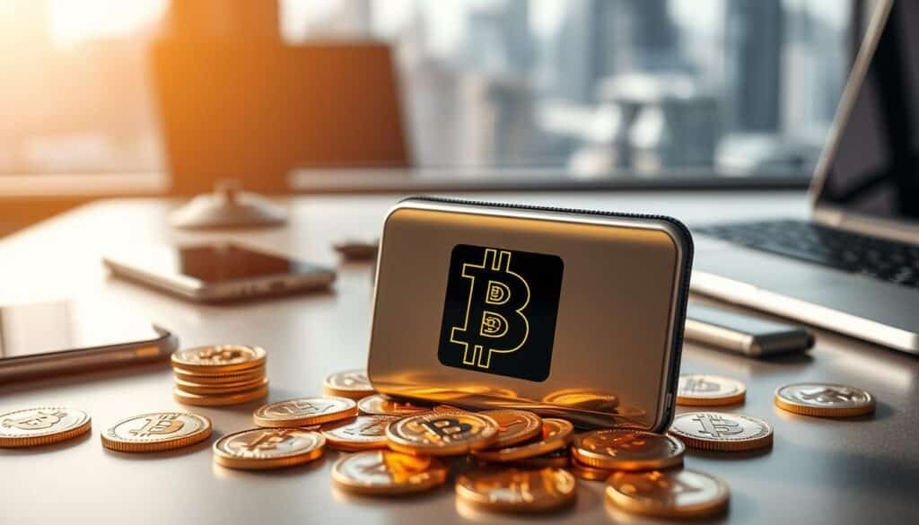 A sleek, modern bitcoin wallet sits prominently in the foreground, showcasing a polished metallic exterior with a glowing digital interface displaying a bitcoin logo. Surrounding the wallet are small piles of shiny physical bitcoins, reflecting warm golden hues. In the middle ground, a stylish desk is adorned with high-tech gadgets like a smartphone and a laptop, emphasizing digital transactions. The background includes a softly blurred cityscape window, indicating an urban environment, bathed in soft natural light spilling in. The overall mood is contemporary and professional, evoking a sense of innovation and financial advancement. The scene is shot at eye level with a slight depth of field, softly highlighting the wallet and creating a focus on its features, while maintaining a clean and uncluttered aesthetic.