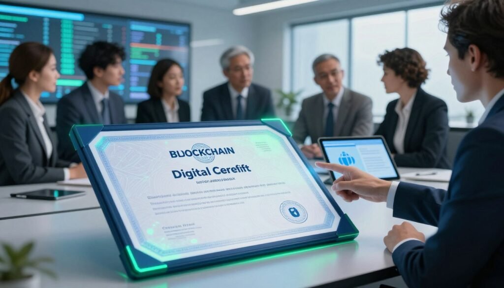 A sleek, modern digital representation of blockchain digital credentials, set in the foreground featuring a futuristic certificate with holographic elements and intricate blockchain patterns. The certificate glows softly, emitting a blue and green hue, symbolizing security and innovation. In the middle ground, depicted are diverse individuals in professional business attire, engaged in a discussion about the certificate's significance, with one person pointing to a digital tablet displaying the credential details. The background shows a high-tech office environment with large screens displaying blockchain data flow. The lighting is bright yet soft, creating an atmosphere of professionalism and technological advancement, captured from a slightly elevated angle to emphasize the digital credential's importance and value in the modern world. A sleek, modern digital representation of blockchain digital credentials, set in the foreground featuring a futuristic certificate with holographic elements and intricate blockchain patterns. The certificate glows softly, emitting a blue and green hue, symbolizing security and innovation. In the middle ground, depicted are diverse individuals in professional business attire, engaged in a discussion about the certificate's significance, with one person pointing to a digital tablet displaying the credential details. The background shows a high-tech office environment with large screens displaying blockchain data flow. The lighting is bright yet soft, creating an atmosphere of professionalism and technological advancement, captured from a slightly elevated angle to emphasize the digital credential's importance and value in the modern world.