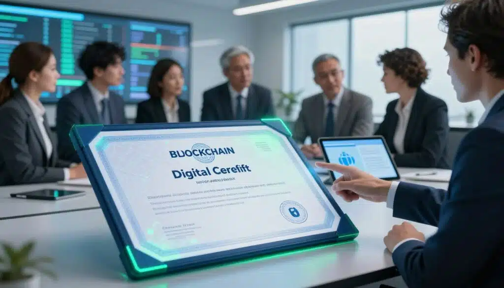 A sleek, modern digital representation of blockchain digital credentials, set in the foreground featuring a futuristic certificate with holographic elements and intricate blockchain patterns. The certificate glows softly, emitting a blue and green hue, symbolizing security and innovation. In the middle ground, depicted are diverse individuals in professional business attire, engaged in a discussion about the certificate's significance, with one person pointing to a digital tablet displaying the credential details. The background shows a high-tech office environment with large screens displaying blockchain data flow. The lighting is bright yet soft, creating an atmosphere of professionalism and technological advancement, captured from a slightly elevated angle to emphasize the digital credential's importance and value in the modern world. A sleek, modern digital representation of blockchain digital credentials, set in the foreground featuring a futuristic certificate with holographic elements and intricate blockchain patterns. The certificate glows softly, emitting a blue and green hue, symbolizing security and innovation. In the middle ground, depicted are diverse individuals in professional business attire, engaged in a discussion about the certificate's significance, with one person pointing to a digital tablet displaying the credential details. The background shows a high-tech office environment with large screens displaying blockchain data flow. The lighting is bright yet soft, creating an atmosphere of professionalism and technological advancement, captured from a slightly elevated angle to emphasize the digital credential's importance and value in the modern world.