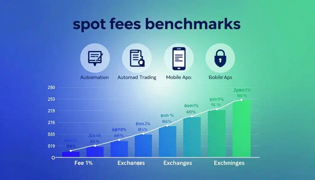 A sleek, modern infographic representing "spot fees benchmarks" for crypto exchanges. In the foreground, display a visually appealing chart with varying fee percentages on different colored bars, indicating distinct exchanges. In the middle, depict icons representing key automation features like automated trading, mobile apps, and security indicators, elegantly arranged around the chart. The background should be a soft gradient of blue and green, suggesting a tech-savvy atmosphere. Use soft, focused lighting to highlight the chart and icons, with a slight vignette to draw attention to the center. The overall mood should be professional and informative, catering to an audience of traders looking for quick, clear comparisons.