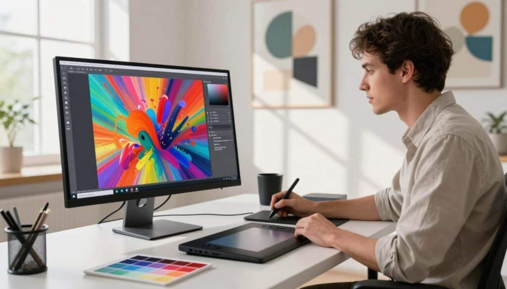 A sleek, modern workspace showcasing a high-tech NFT generator in action. In the foreground, a polished computer monitor displays vibrant, colorful digital artworks being created. On the desk, various digital tools like a stylus, graphics tablet, and color palettes are neatly arranged. In the middle ground, an artist—a professional in business casual attire—focuses intently on the screen, embodying inspiration and creativity. The background features a minimalist, well-lit room with abstract art pieces displayed on the walls, creating a bright and inviting atmosphere. Soft, natural lighting filters through large windows, casting gentle shadows and enhancing the vibrant colors of the digital art. The scene evokes a sense of innovation and artistic exploration, perfectly capturing the essence of AI NFT generators and art tools.